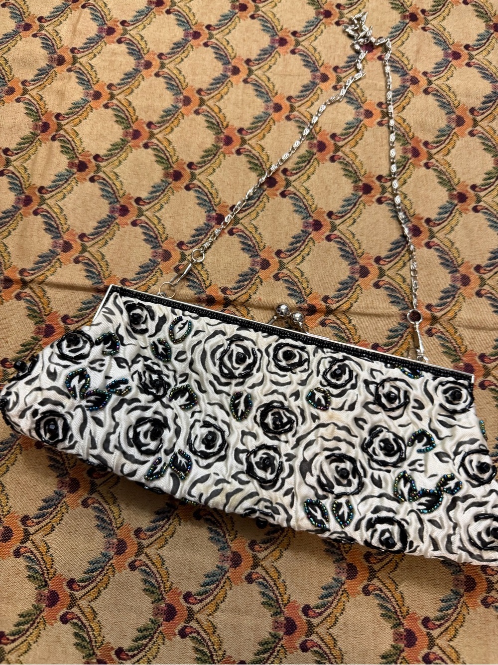 Embellished beaded Black & White Rose Evening Clutch